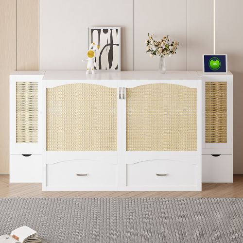 Queen Size Murphy Bed Wall Bed with Drawer and Rattan Decoration with 2 Storage Cabinets, One set of Sockets & USB Ports, Pulley Structure Design, Whi Queen Size Murphy Bed Wall Bed with Drawer and Rattan Decoration with 2 Storage Cabinets, One set of Sockets & USB Ports, Pulley Structure Design, Whi
